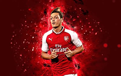4k, Mesut Ozil, abstrakt konst, fotboll stj&#228;rnor, Arsenal, fotboll, Ozil, Premier League, fotbollsspelare, Gunners, neon lights, Arsenal FC