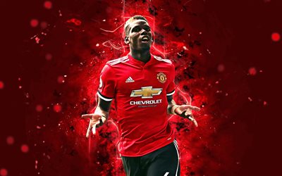 4k, Paul Pogba, soyut sanat, futbol yıldızları, Manchester United, Futbol, Pogba, Premier Lig, futbolcular, neon ışıkları, Manchester United FC