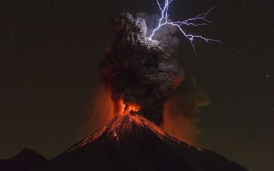 Volcan de Colima, volcanic eruption, night, lightning, natural phenomena, Colima Volcanic Complex, Jalisco, Mexico, active volcanoes, Earth