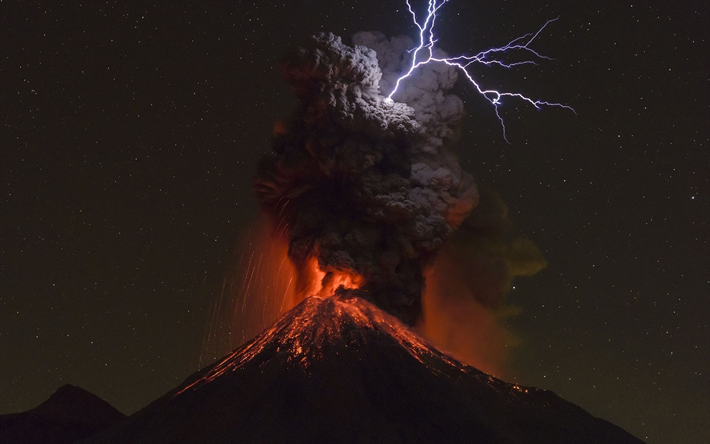 Volcan de Colima, eruzione vulcanica, di notte, da fulmini, fenomeni naturali, Colima Complesso Vulcanico, Jalisco, Messico, vulcani attivi, Terra