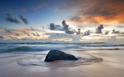 stone in water, evening, sunset, coast, seascape, waves, clouds