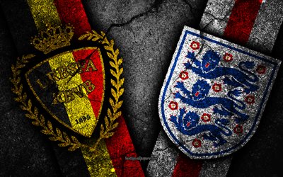Belgium vs England, 4k, FIFA World Cup 2018, logo, Russia 2018, Soccer World Cup, Belgium football team, England football team, black stone, Play-off for third place