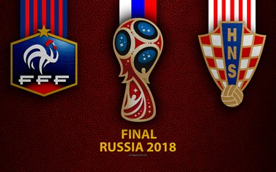 Francia vs Croacia, Final, 4k, textura de cuero, logotipo, 2018 Copa Mundial de la FIFA Rusia 2018, 15 de julio, partido de f&#250;tbol