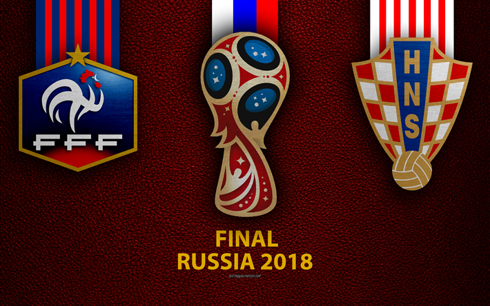فرنسا vs كرواتيا, النهائي, 4k, جلدية الملمس, شعار, لكأس العالم لكرة القدم 2018, روسيا 2018, 15 يوليو, مباراة لكرة القدم