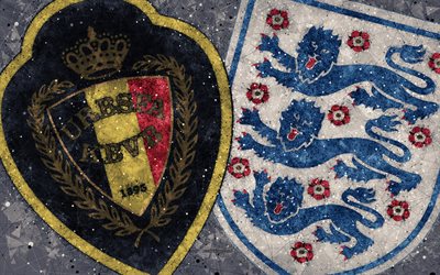Belgien vs England, geometriska art, uttag, Match 3: e plats, 4k, Semi-final, logotyp, FOTBOLLS-Vm 2018, Ryssland 2018, 14 juli, fotbollsmatch, kreativ konst, fotbollsmatch promo