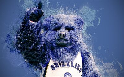 Grizz, mascotte ufficiale, Memphis Grizzlies, ritratto, 4k, l&#39;arte, la NBA, USA, grunge, arte, simbolo, sfondo blu, vernice, Associazione Nazionale di Basket, NBA mascotte, mascotte, basket