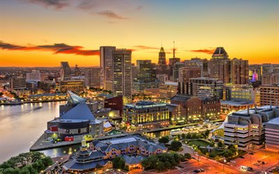 4k, Baltimore, sunset, amerikan kaupungit, Maryland, HDR, moderneja rakennuksia, Amerikassa, Kaupunkien Maryland, Baltimore skyline, USA, City of Baltimore