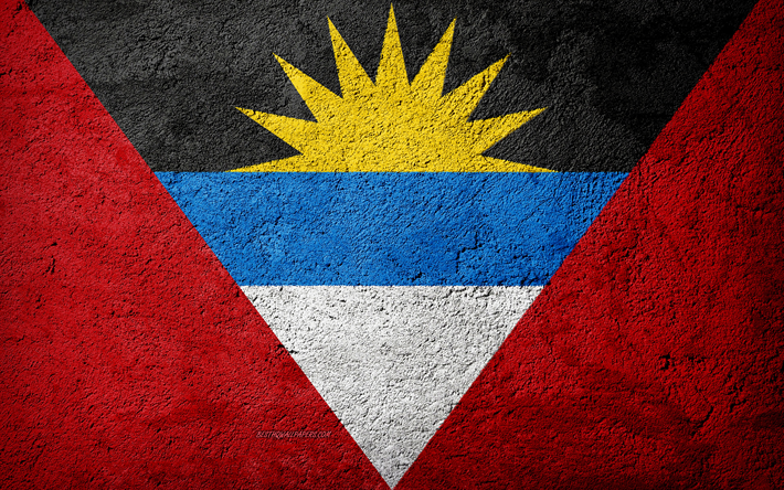 Lippuvaltio on Antigua ja Barbuda, betoni rakenne, kivi tausta, Antigua ja Barbudan lipun alla, Pohjois-Amerikassa, Antigua ja Barbuda, liput kivi