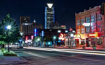 4k, Oklahoma City, nightscapes, traffic lights, Oklahoma, USA, american cities, America, Oklahoma at night, HDR, City of Oklahoma, Cities of Oklahoma