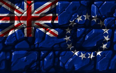 Cook-Saarten lipun alla, brickwall, 4k, Oseanian maat, kansalliset symbolit, Lipun Cook Islands, luova, Cook Islands, Oseania, Cook Islands 3D flag