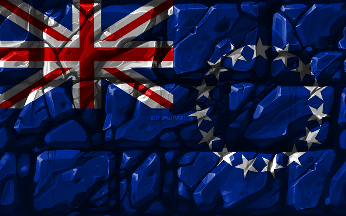 Ilhas Cook bandeira, brickwall, 4k, Oceania pa&#237;ses, s&#237;mbolos nacionais, Bandeira das Ilhas Cook, criativo, Ilhas Cook, Oceania, Ilhas Cook 3D bandeira