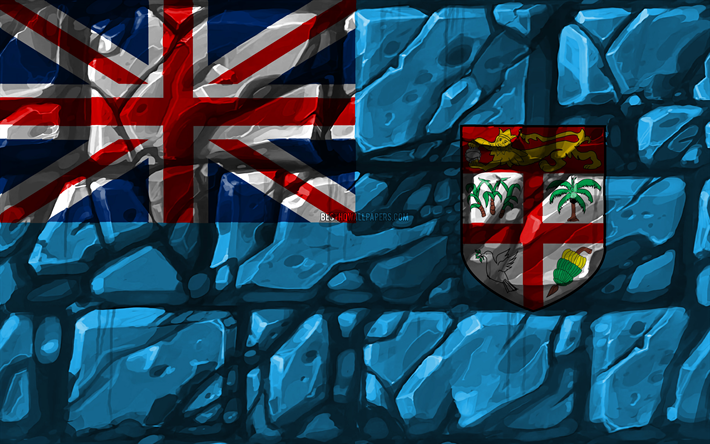 Fiji bandiera, brickwall, 4k, Oceanico paesi, simboli nazionali, Bandiera delle isole Fiji, creativo, Fiji, Australia, Fiji 3D bandiera