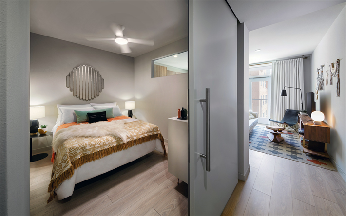 お洒落なアパート, モダンなインテリアデザイン, ベッドルームとリビンルーム内一つはベッドルームアパートメント, 物流のスペース, おしゃれなインテリアデザイン