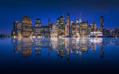 4k, Manhattan, modern buildings, american cities, nightscapes, NYC, skyscrapers, New York, USA, Cities of New York, Manhattan at night, America, New York City