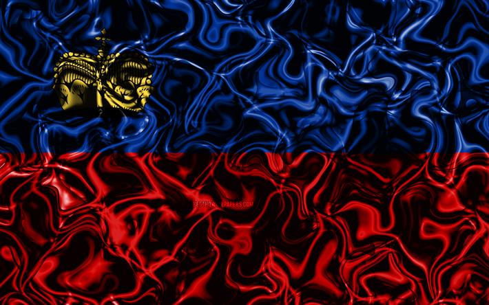 4k, Flag of Liechtenstein, abstract smoke, Europe, national symbols, Liechtenstein flag, 3D art, Liechtenstein 3D flag, creative, European countries, Liechtenstein