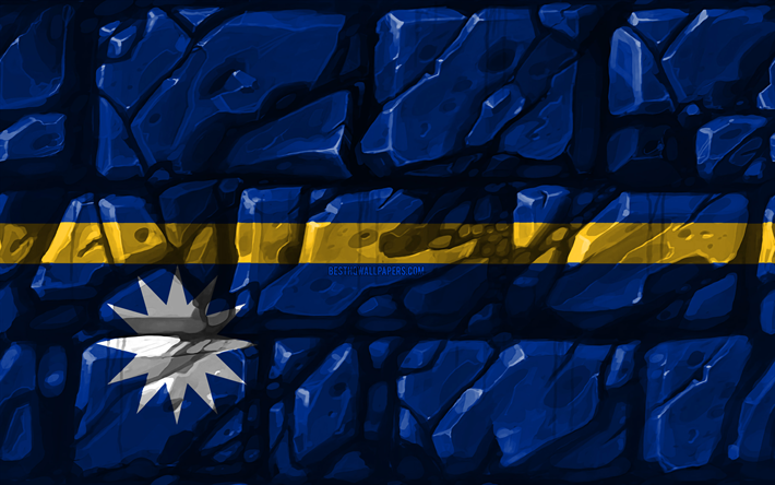 Nauru Nauru bayrağı, brickwall, 4k, Okyanusya &#252;lkeleri, ulusal semboller, Bayrak, yaratıcı, Nauru, Oceania, Nauru 3D bayrak