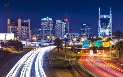 4k, Nashville, nightscapes, moderneja rakennuksia, amerikan kaupungit, Tennessee, liikennevalot, kaupunkimaisemat, Amerikassa, USA, Kaupungin Nashville, HDR, Kaupungeissa Tennessee