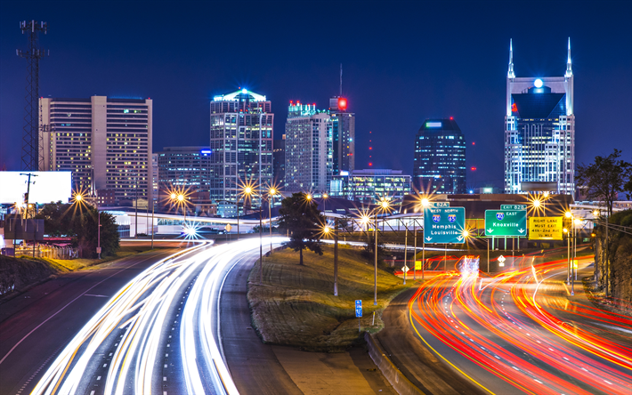 4k, Nashville, nightscapes, modern buildings, american cities, Tennessee, traffic lights, cityscapes, America, USA, City of Nashville, HDR, Cities of Tennessee