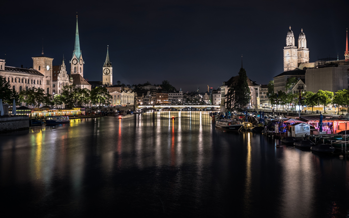Zurich, Suisse, le soir, la nuit, les ponts, point de rep&#232;re, paysage, rivi&#232;re, villes Suisses, le Lac de Zurich