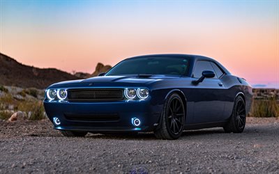 Dodge Challenger, blue sports coupe, Challenger tuning, dark blue Challenger, Challenger custom, American sports cars, Dodge