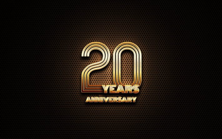 20 &#176; anniversario, glitter segni, anniversario concetti, griglia in metallo, sfondo, 20 Anni, creativo, Golden 20 &#176; anniversario segno