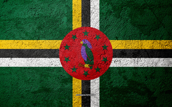 Taş &#252;zerinde Dominika bayrağı, beton doku, taş, arka plan, Dominika bayrağı, Kuzey Amerika, Dominika, bayraklar