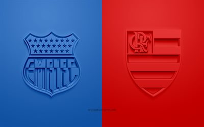 Emelec vs Flamengo, 2019 Copa Libertadores, promotional materials, football match, logos, 3d art, CONMEBOL, Club Sport Emelec, Clube de Regatas do Flamengo