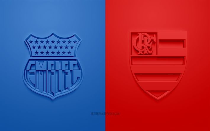 Emelec vs Flamengo, 2019 Copa Libertadores, promotional materials, football match, logos, 3d art, CONMEBOL, Club Sport Emelec, Clube de Regatas do Flamengo