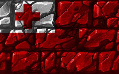 Tonga flagga, brickwall, 4k, Oceanian l&#228;nder, nationella symboler, Flagga av Tonga, kreativa, Komma, Oceanien, Tonga 3D-flagga
