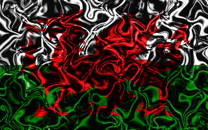 4k, Flag of Wales, abstract smoke, Europe, national symbols, Welsh flag, 3D art, Wales 3D flag, creative, European countries, Wales