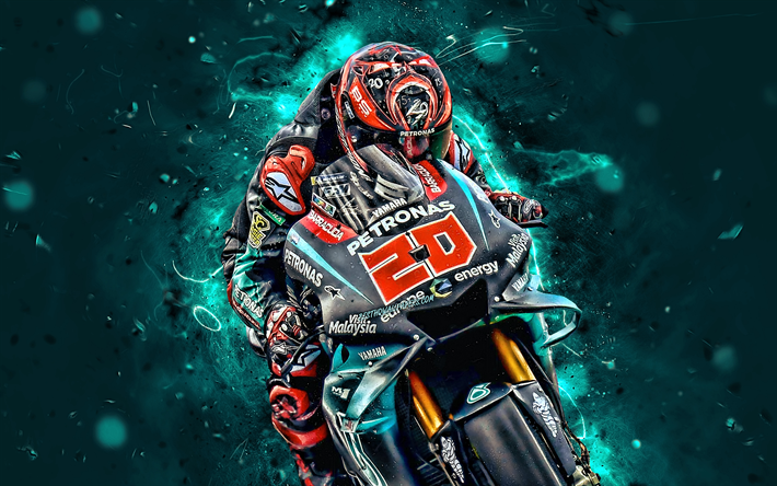 Fabio Quartararo, 2019, fan art, MotoGP, moto, 2019 Petronas Yamaha SRT, luci al neon, Fabio Quartararo carreggiata anteriore, bici da corsa, moto Yamaha YZR-M1 Yamaha
