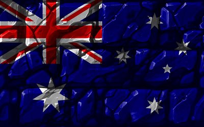 Australian lippu, brickwall, 4k, Oseanian maat, kansalliset symbolit, Lippu Australia, luova, Australia, Oseania, Australia 3D flag