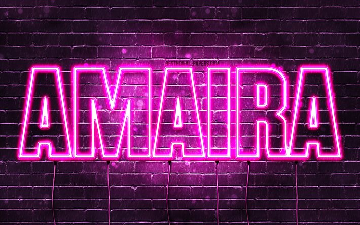 Amaira, 4k, bakgrundsbilder med namn, kvinnliga namn, Amaira namn, lila neonljus, Grattis p&#229; f&#246;delsedagen Amaira, popul&#228;ra arabiska kvinnliga namn, bild med Amaira namn