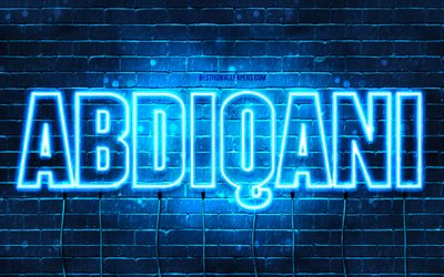 Abdiqani, 4k, pap&#233;is de parede com nomes, nome Abdiqani, luzes de neon azul, Feliz Anivers&#225;rio Abdiqani, nomes masculinos &#225;rabes populares, foto com nome Abdiqani
