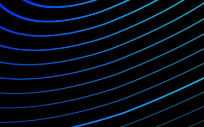 blaue neonwellen, 4k, minimalismus, kreativ, schwarzer welliger hintergrund, wellen petterns, schwarze hintergr&#252;nde, wellige petterns, hintergrund mit wellen