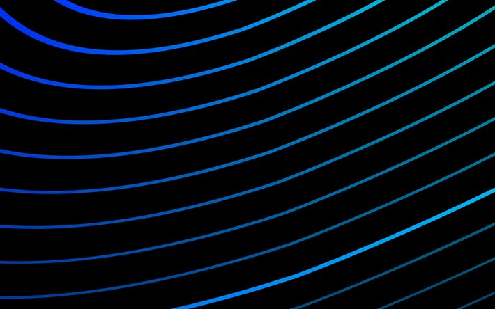 blue neon waves, 4k, minimalism, creative, black wavy background, waves petterns, black backgrounds, wavy petterns, background with waves
