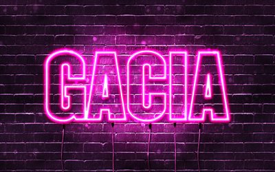 gacia, 4k, hintergrundbilder mit namen, weiblichen namen, gacia-name, lila neonlichter, happy birthday gacia, beliebte arabische weibliche namen, bild mit gacia-namen