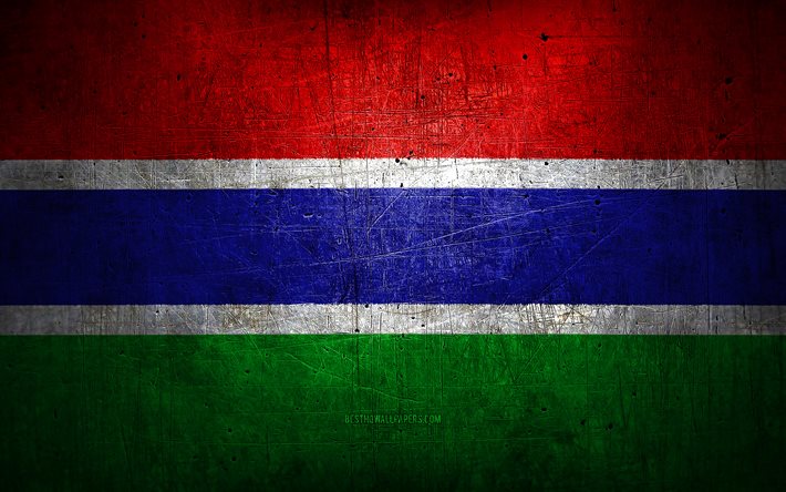 Gambian metallilippu, grunge-taide, Afrikan maat, Gambian p&#228;iv&#228;, kansalliset symbolit, Gambian lippu, metalliliput, Afrikka, Gambia