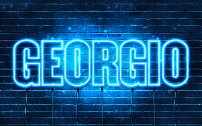 Georgio, 4k, fonds d&#39;&#233;cran avec des noms, nom Georgio, n&#233;ons bleus, joyeux anniversaire Georgio, noms masculins arabes populaires, photo avec nom Georgio