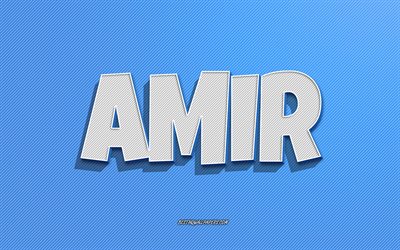 アミール, 青い線の背景, 名前の壁紙, アミール名, 男性の名前, グリーティングカード, ラインアート, アミールの名前の写真