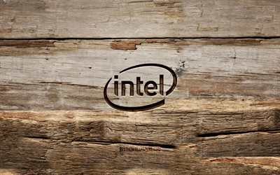 Intel wooden logo, 4K, wooden backgrounds, brands, Intel logo, creative, wood carving, Intel