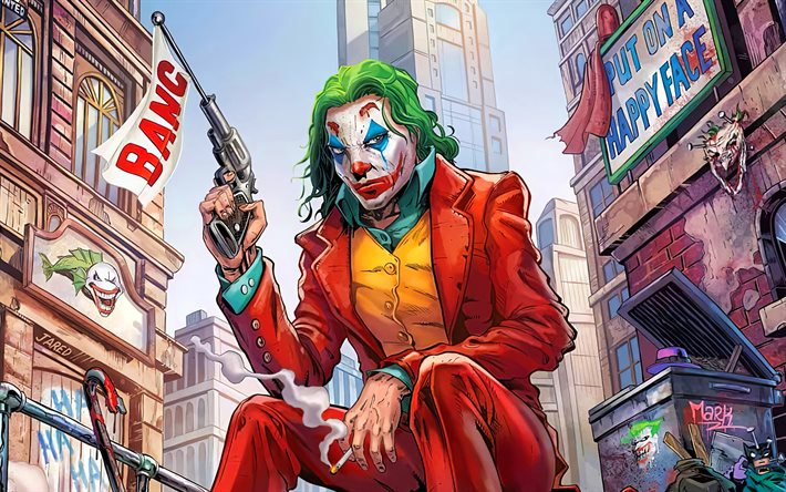 Jokeri aseella, 4k, fanitaide, supervillain, sinitausta, luova, Joker 4K, sarjakuva jokeri, Joker