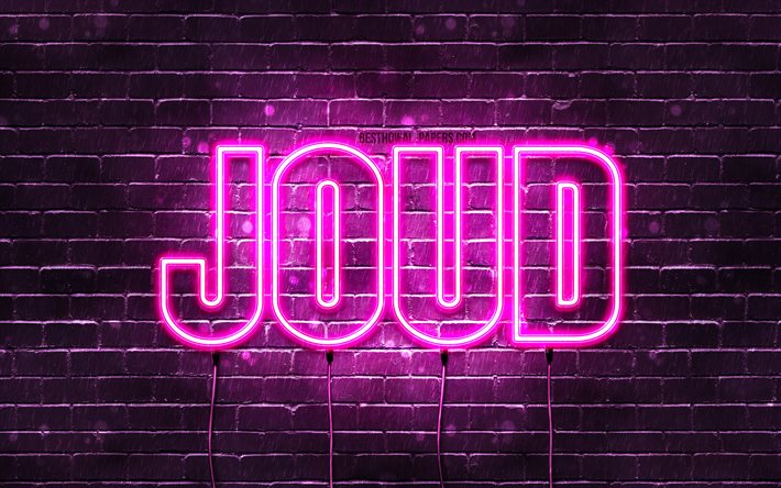 Joud, 4k, wallpapers with names, female names, Joud name, purple neon lights, Happy Birthday Joud, popular arabic female names, picture with Joud name