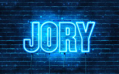 Jory, 4k, fonds d&#39;&#233;cran avec des noms, nom Jory, n&#233;ons bleus, joyeux anniversaire Jory, noms masculins arabes populaires, photo avec nom Jory