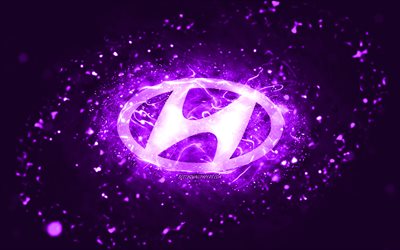 Logo violet Hyundai, 4k, n&#233;ons violets, cr&#233;atif, fond abstrait violet, logo Hyundai, marques de voitures, Hyundai