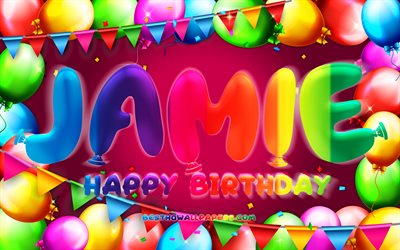 お誕生日おめでとうジェイミー, 4k, カラフルなバルーンフレーム, ジェイミーの名前, 紫の背景, ジェイミーお誕生日おめでとう, ジェイミーの誕生日, 人気のアメリカ人女性の名前, 誕生日のコンセプト, ジェイミー