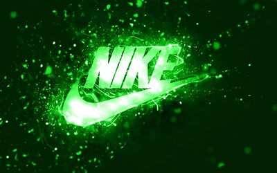 Nike yeşil logosu, 4k, yeşil neon ışıkları, yaratıcı, yeşil soyut arka plan, Nike logosu, moda markaları, Nike