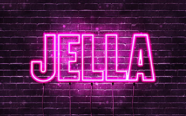 Jella, 4k, sfondi con nomi, nomi femminili, nome Jella, luci al neon viola, buon compleanno Jella, nomi femminili arabi popolari, foto con nome Jella