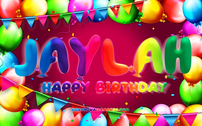 Buon compleanno Jaylah, 4k, cornice di palloncini colorati, nome Jaylah, sfondo viola, buon compleanno Jaylah, compleanno Jaylah, nomi femminili americani popolari, concetto di compleanno, Jaylah