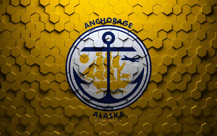 Drapeau d&#39;Anchorage, Alaska, art en nid d&#39;abeille, drapeau d&#39;hexagones d&#39;Anchorage, Anchorage, art d&#39;hexagones 3d, drapeau d&#39;ancrage